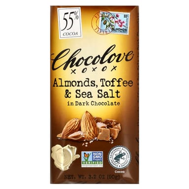 Темный шоколад Chocolove Almonds 55% Cocoa, вкус Toffee & Sea Salt in Dark Chocolate, 90 г