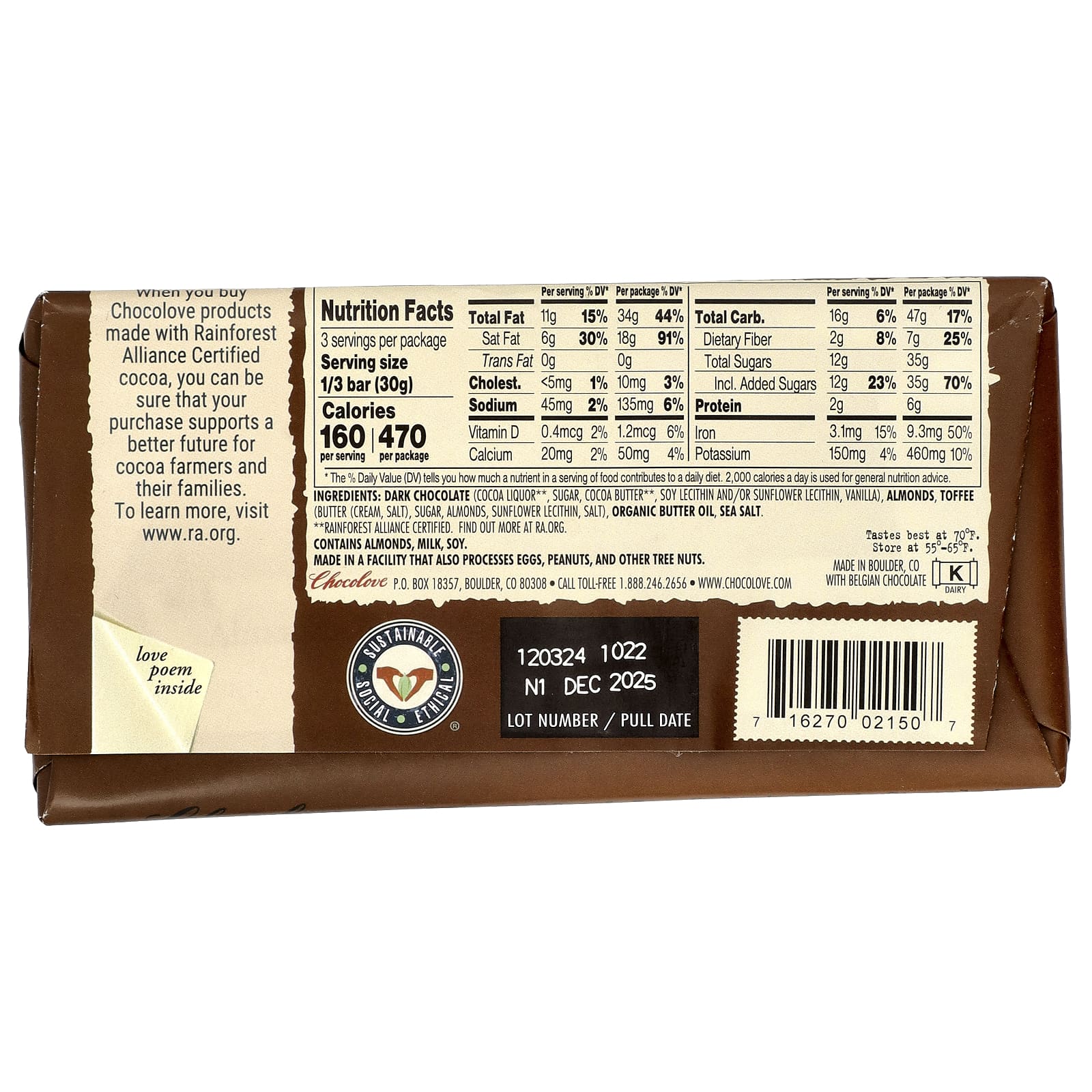 Темный шоколад Chocolove Almonds 55% Cocoa, вкус Toffee & Sea Salt in Dark Chocolate, 90 г — фото 2