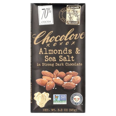 Темный шоколад Chocolove 70% Cocoa, вкус Almonds & Sea Salt in Strong Dark Chocolate, 90 г