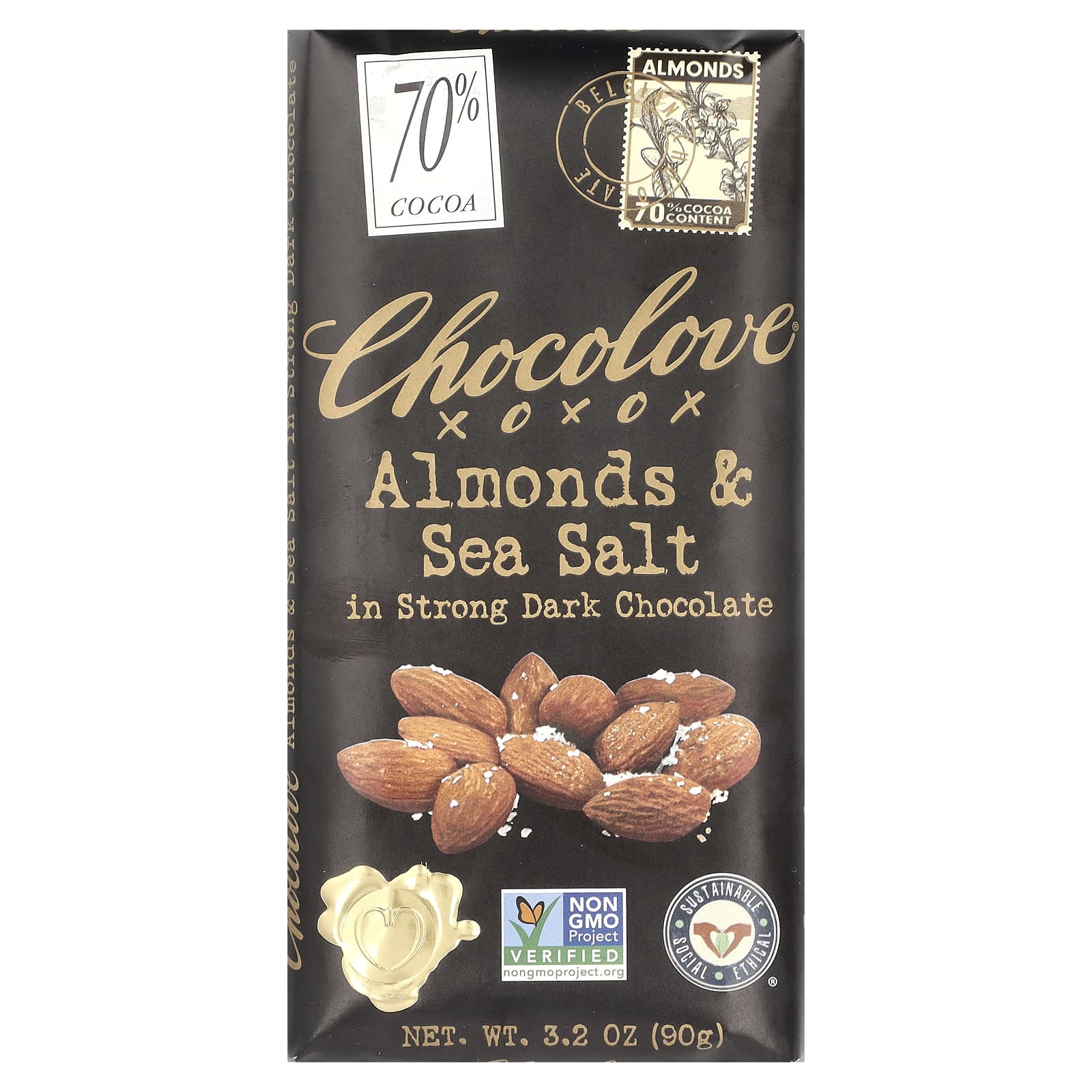 Темный шоколад Chocolove 70% Cocoa, вкус Almonds & Sea Salt in Strong Dark Chocolate, 90 г