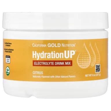 Фото товара: Калий California Gold Nutrition HydrationUP® Electrolyte Drink Mix with Calcium Vitamin C and Vitamin E, вкус «цитрус», 227 г, смесь для напитка