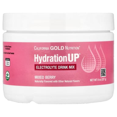 Калий California Gold Nutrition HydrationUP® Electrolyte Drink Mix with Calcium Vitamin C and Vitamin E, вкус «ягодный микс», 227 г, смесь для напитка