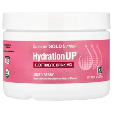 Фото товара: Калий California Gold Nutrition HydrationUP® Electrolyte Drink Mix with Calcium Vitamin C and Vitamin E, вкус «ягодный микс», 227 г, смесь для напитка