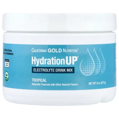 Фото товара: Калий California Gold Nutrition HydrationUP® Electrolyte Drink Mix with Calcium Vitamin C and Vitamin E, вкус «тропические фрукты», 227 г, смесь для напитка