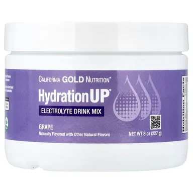 Фото товара: Калий California Gold Nutrition HydrationUP® Electrolyte Drink Mix with Calcium Vitamin C and Vitamin E, вкус «виноград», 227 г, смесь для напитка