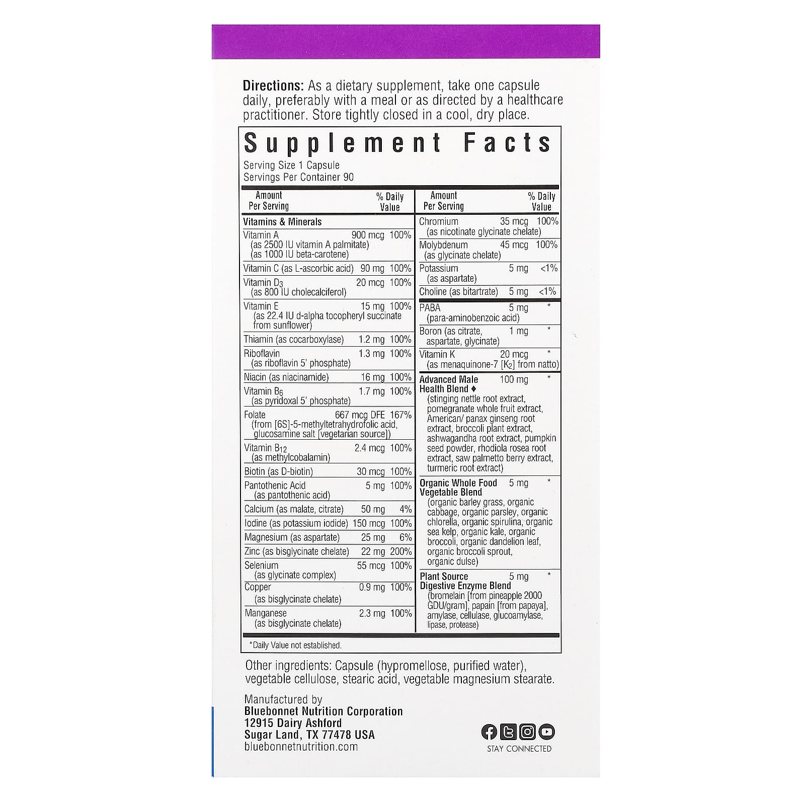 Мужские мультивитамины Bluebonnet Nutrition Whole Food-Based Multiple, 90 растительных капсул — фото 2