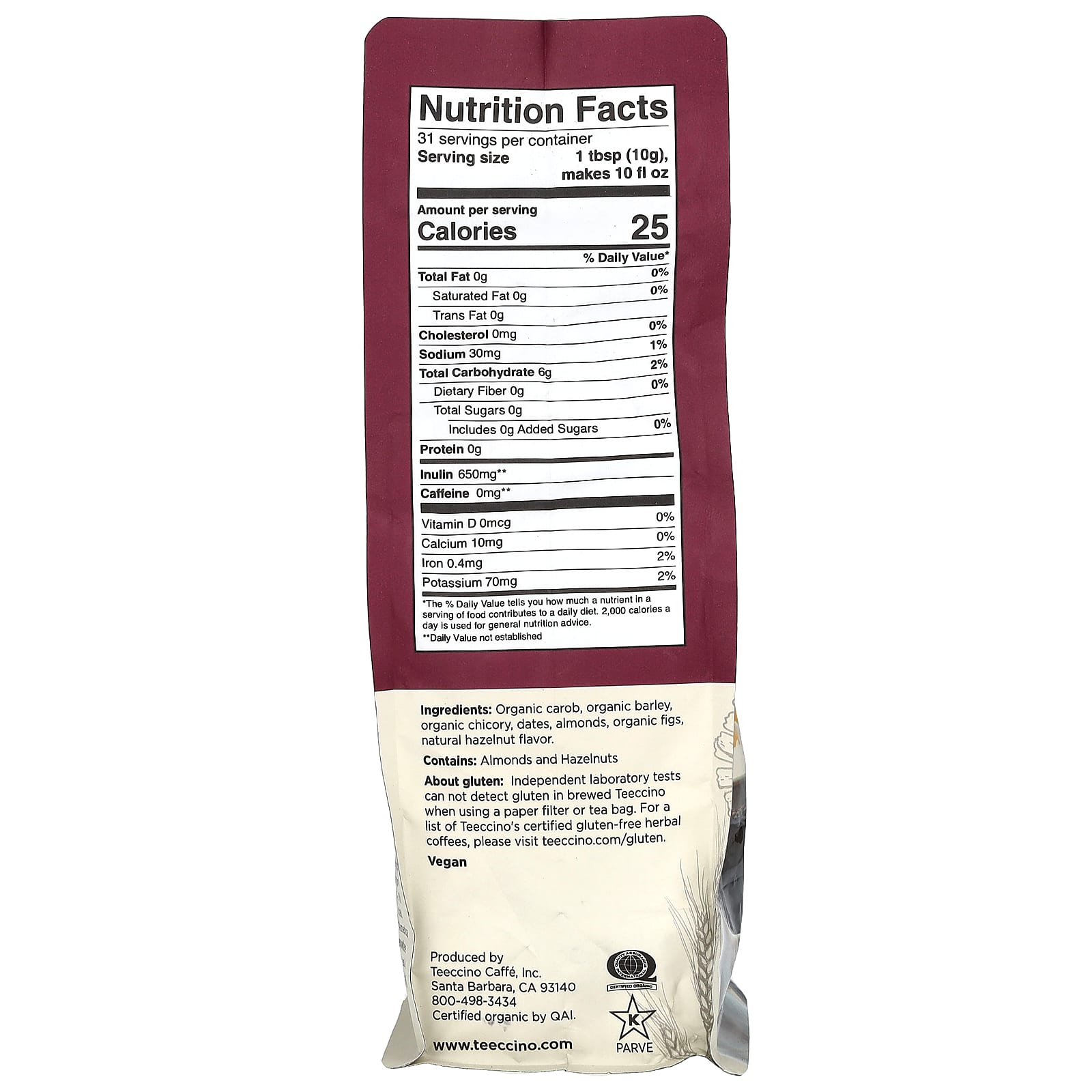 Кофе Teeccino Chicory Herbal Medium Roast, без кофеина, оттенок Hazelnut, 312 г