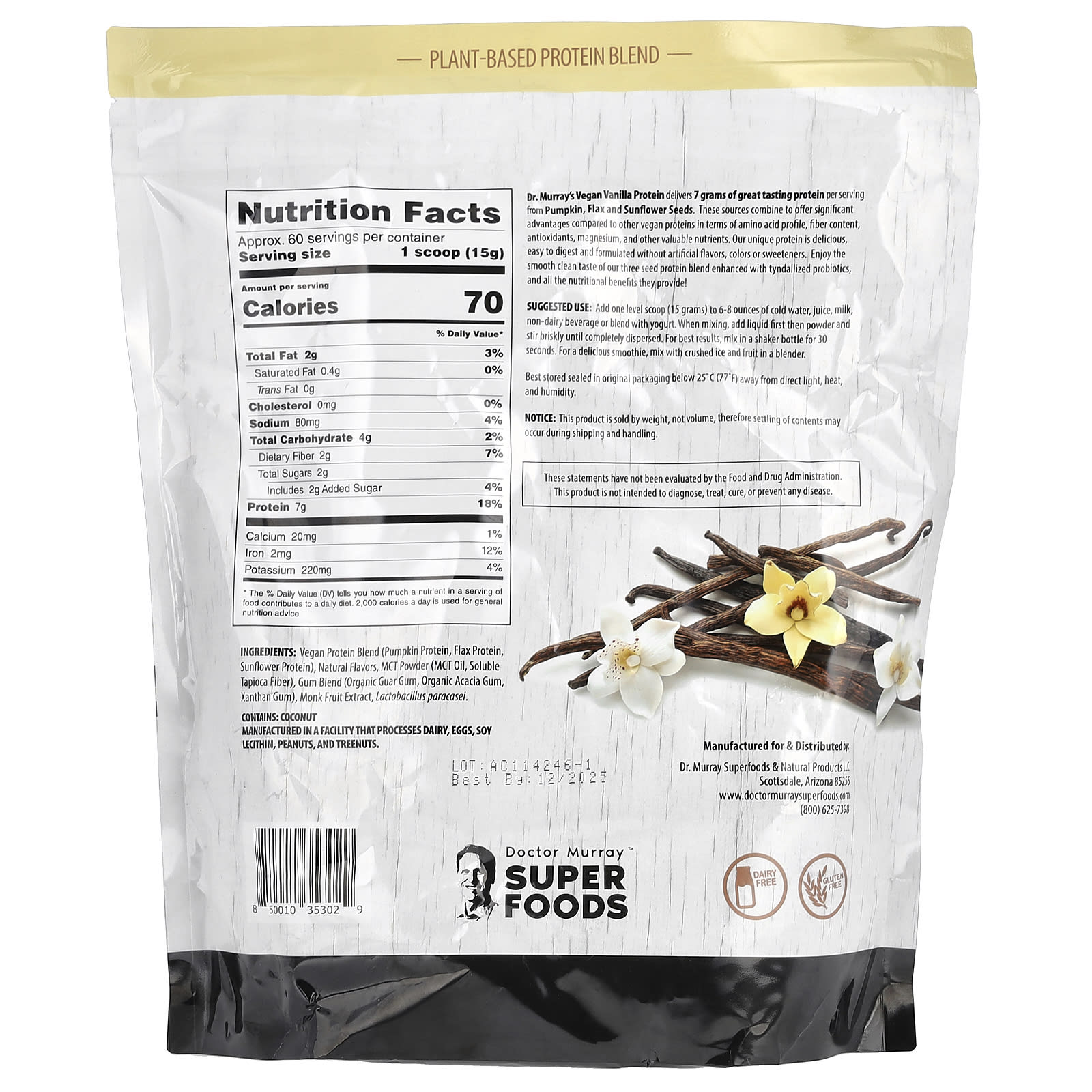 Протеиновый порошок Dr. Murray's Super Foods 3 Seed Pumpkin Flax Sunflower, вкус Vanilla, 908 г — фото 2