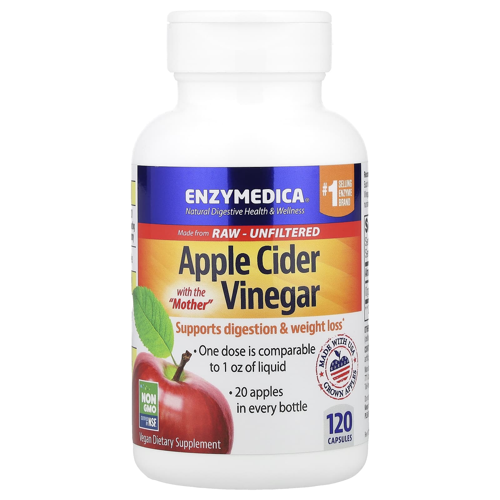 Яблочный уксус Enzymedica, вкус Apple Cider Vinegar with the Mother, 355 мг, 120 капсул