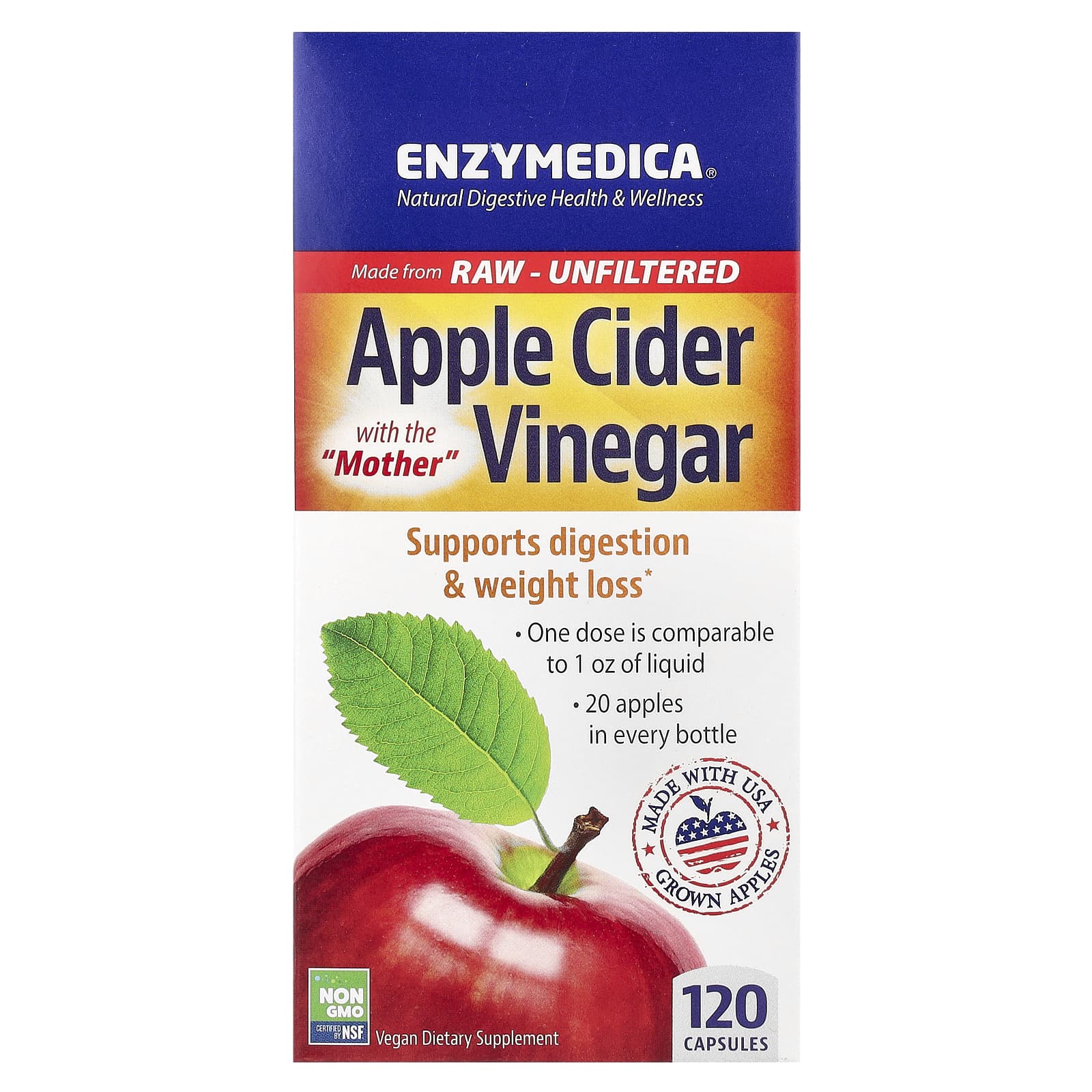 Яблочный уксус Enzymedica, вкус Apple Cider Vinegar with the Mother, 355 мг, 120 капсул — фото 2