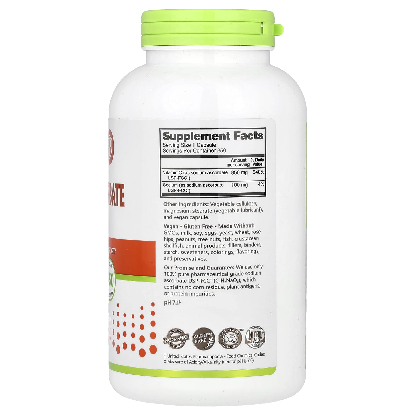 Натриевая аскорбат NutriBiotic, 250 веганских капсул — фото 2