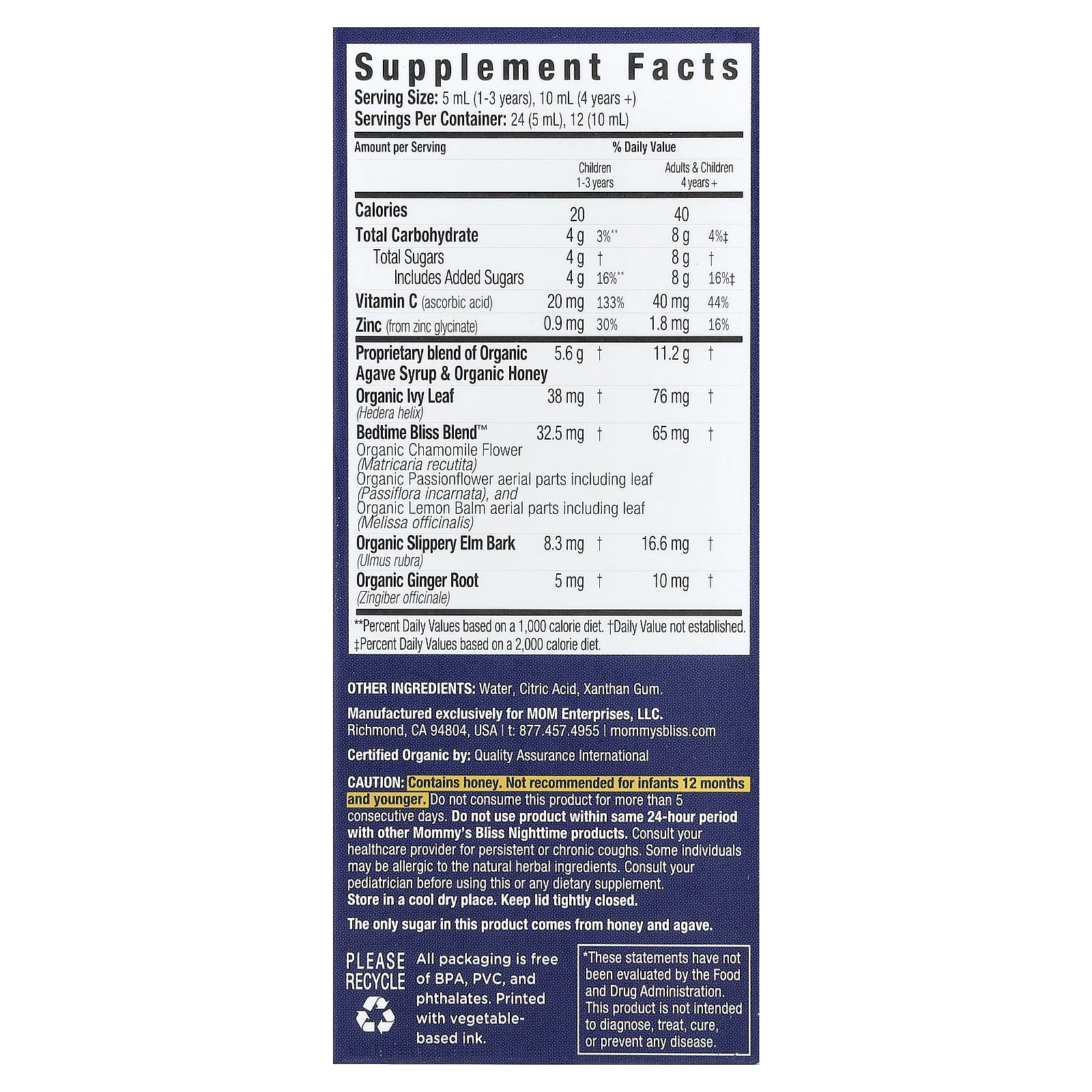 Сироп Mommy's Bliss Organic Cough & Mucus Night Time, оттенок 1-12 Yrs, 120 мл — фото 3