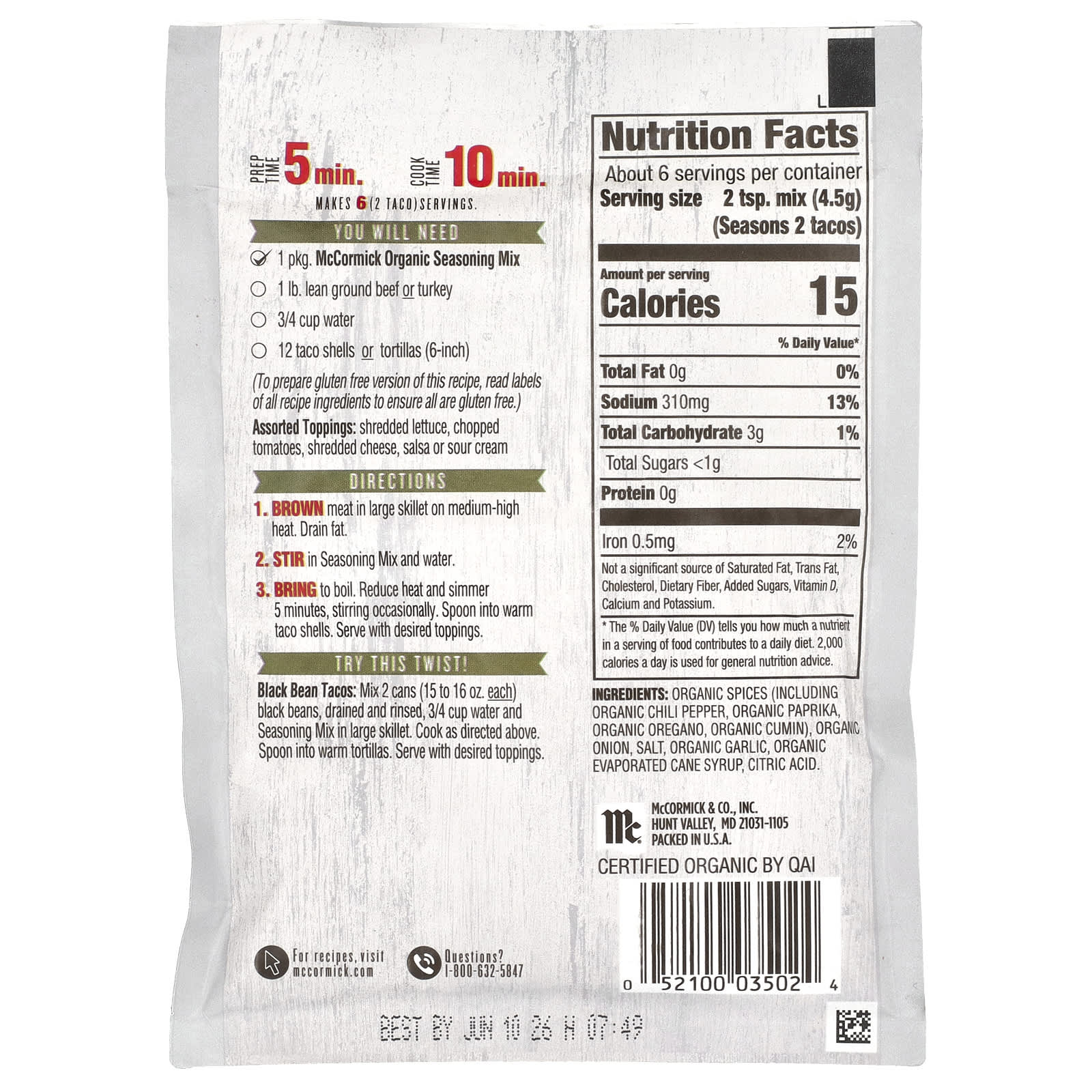 Приправа McCormick Organics Taco Mix, 28 г — фото 2