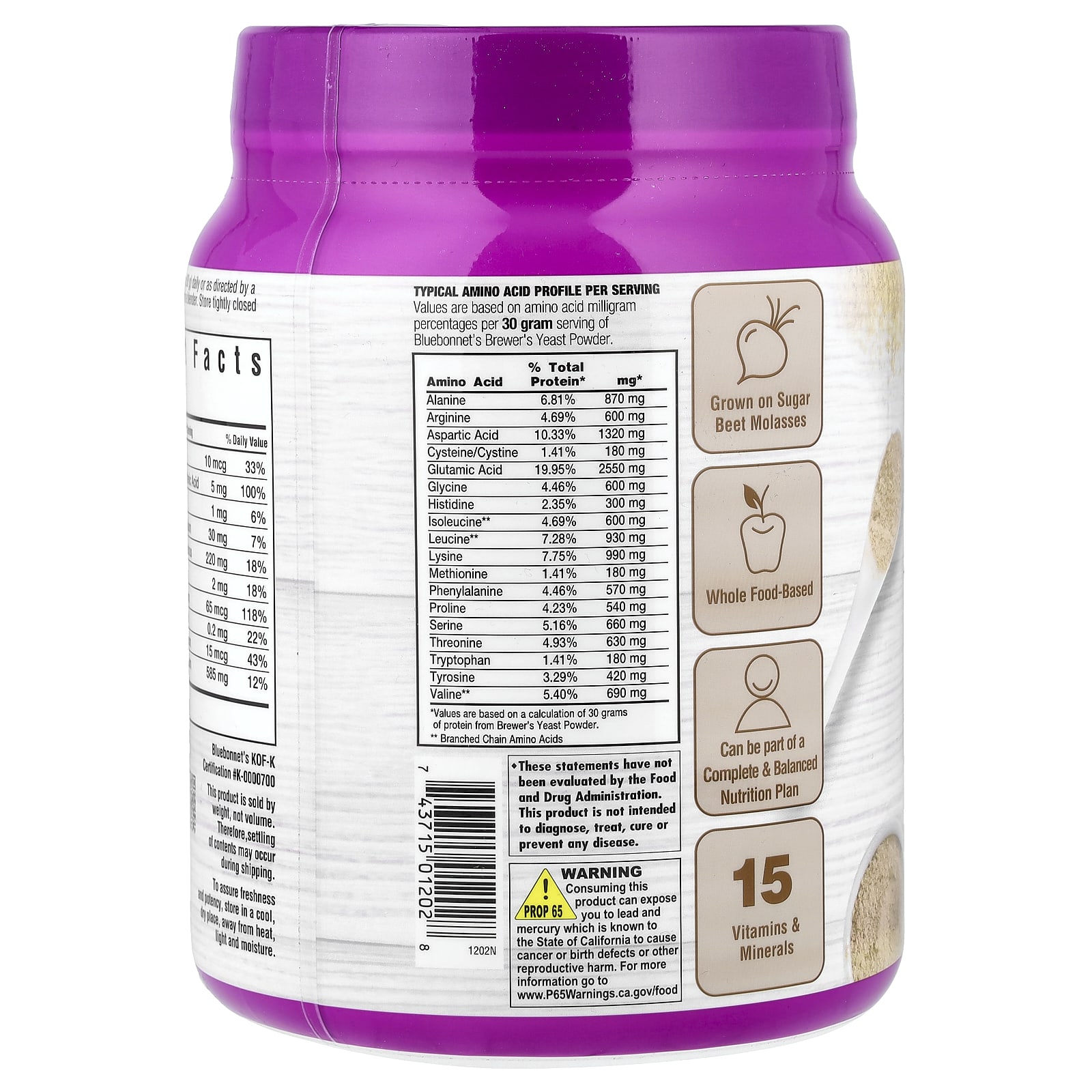 Пивные дрожжи Bluebonnet Nutrition Non-Bitter Powder, без вкуса, 908 г, порошок — фото 2