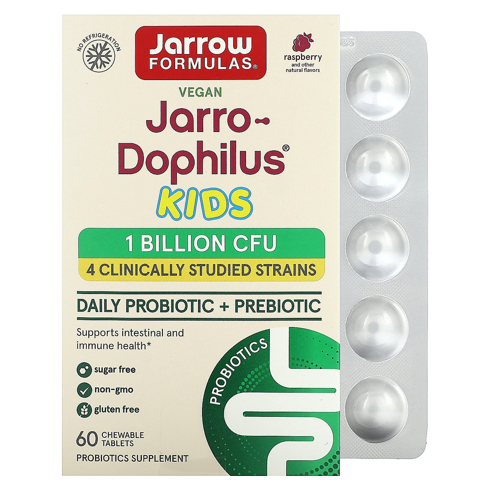 Пребиотик Jarrow Formulas Vegan Jarro-Dophilus® Daily Probiotic, вкус Raspberry, 0.5 млрд КОЕ, 60 жевательных таблеток