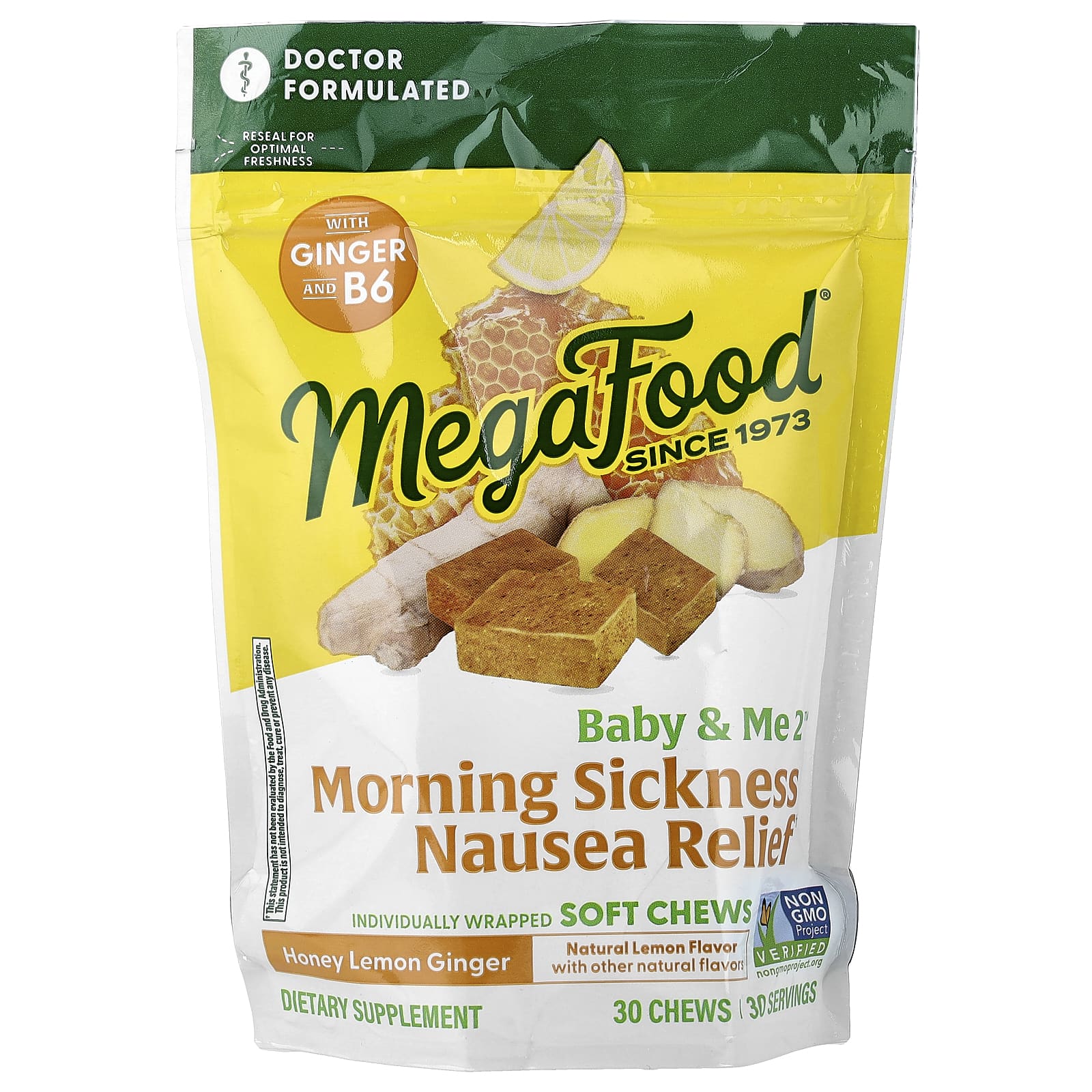 Имбирь MegaFood Baby & Me2® Morning Sickness Nausea Relief Honey Lemon, оттенок 30 Chews, жевательные добавки