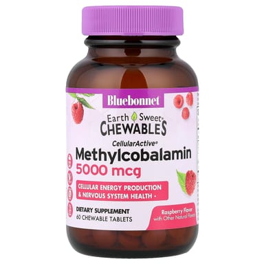 Метил B12 Bluebonnet Nutrition Earth Sweet® Chewables CellularActive®, вкус Raspberry, 5000 мкг, 60 жевательных таблеток