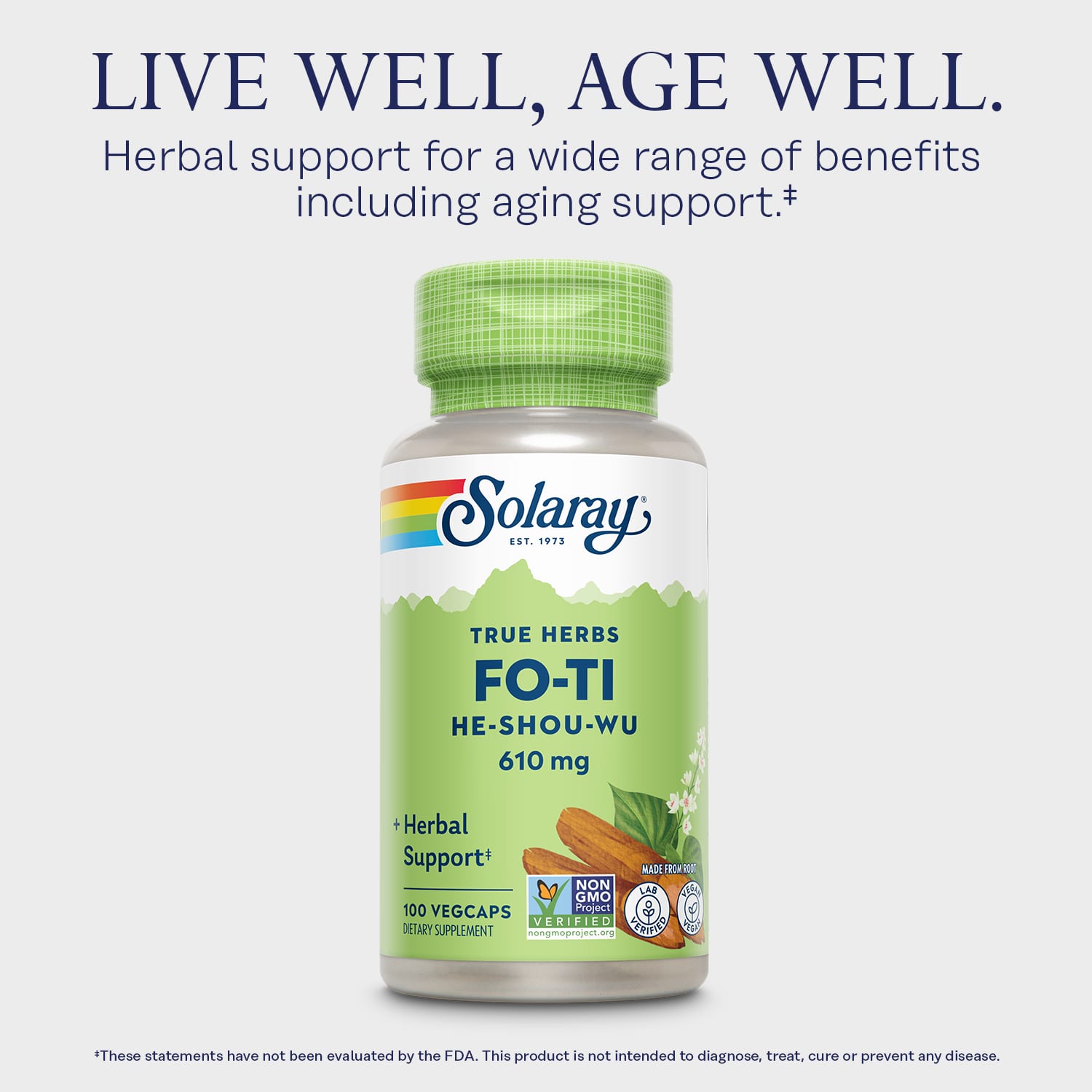 Шоу ву Solaray True Herbs Fo-Ti He-Shou-Wu, 610 мг, 100 растительных капсул